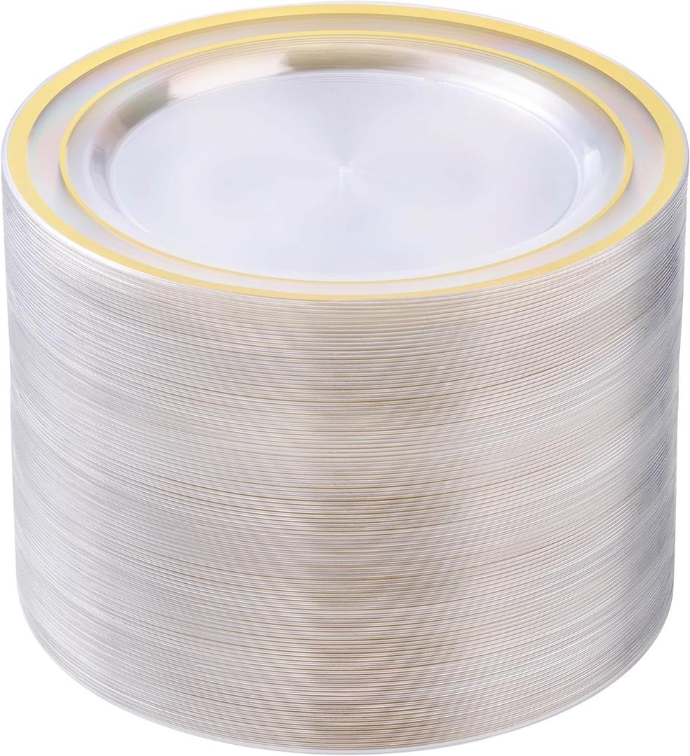 100PCS Clear Plastic Plates for Party, 10.25 Inch Disposable Plates with Gold Rim, Heavy Duty Dinner Plates for Christmas, Wedding and Birthday