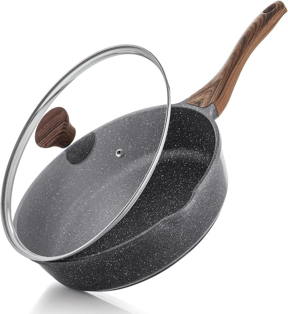 SENSARTE Nonstick Skillet, Deep Frying Pan 10/11/12-inch, Saute Pan with Lid, Stay-cool Handle, Healthy Stone Cookware Cooking Pan, Induction Compatible (10-Inch/3.5QT) (Classic Granite)