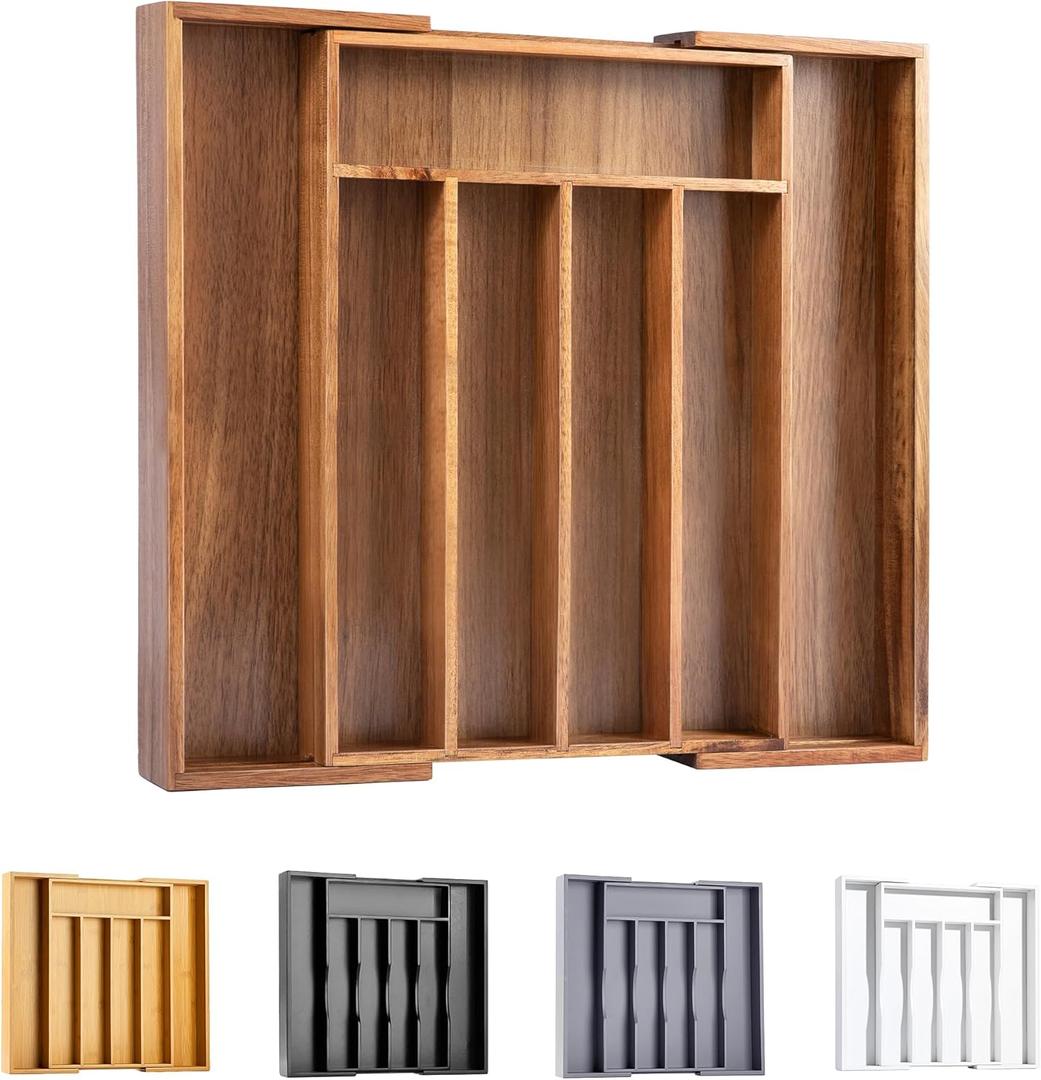 Bellsal Acacia Silverware Organizer Kitchen Drawer Organizer Expandable Bamboo Utensil Holder Cutlery Tray for Kitchen Utensil and Flatware Bedroom Office (7 Slots Expandable)