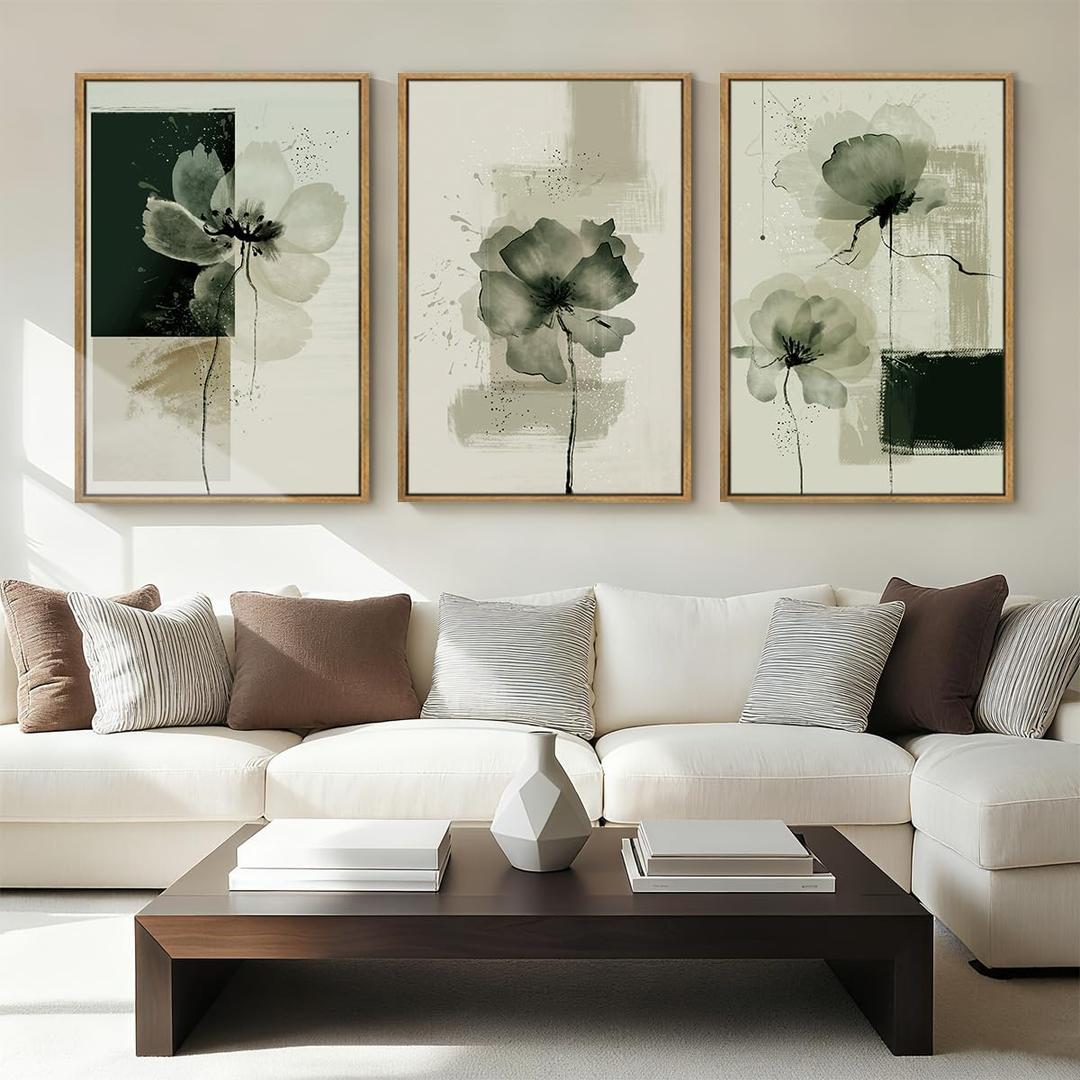 ANHUIB Black Neutral Floral Wall Art 16x24 Inch Abstract Flower Wall Decor Waterolor Painting Set of 3 for Living Room Bedroom Bathroom