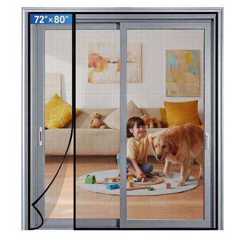 LONGEAS Magnetic Screen Door Mesh Left Right Side Opening Upgraded PET Material Mesh Stronger Than Fiberglass and Polyester,Keep Bugs Out,Pet & Kid Friendly Screen Size 74'' X 82''