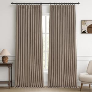 Dark Flax Heavy Burlap Room Darkening Curtains 96 Inches Long for Bedroom, Rustic Boho Pinch Pleated Blackout Linen Drapes 40x96 Inch Length 2 Panels Set Slide Door Curtain Decor with Adjustable Hooks
