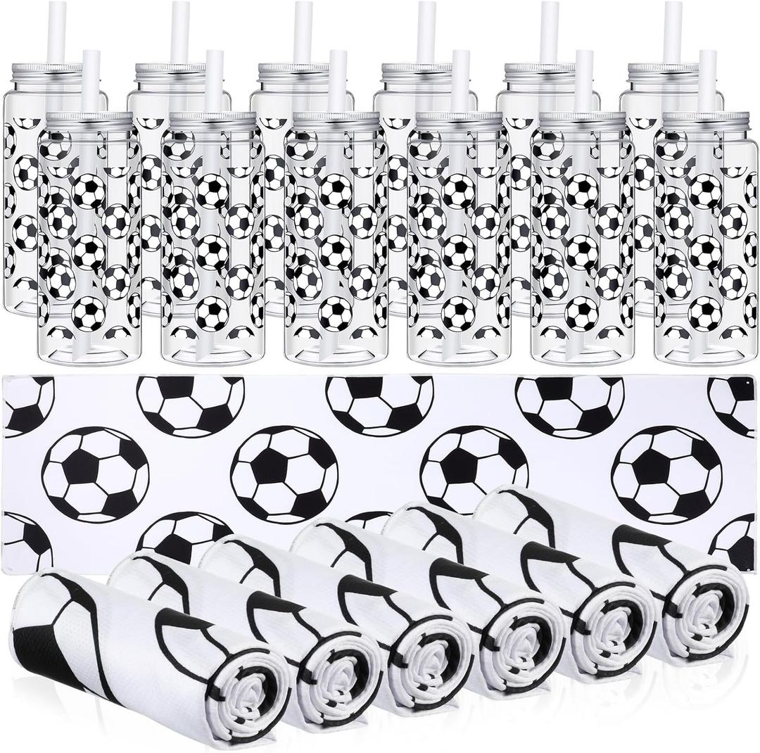 24 Pack Soccer Team Gifts Include 12 Soccer Cooling Towels 12 Plastic Tumbler 40"x12" Breathable Chilly Towel 13.5oz Reusable Cups with Lid and Straw for Sports Party (White, Soccer) (Black)