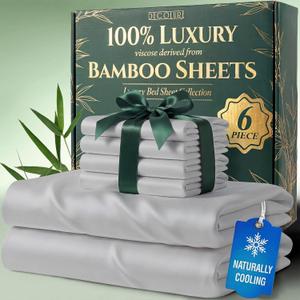 DECOLURE 100% Viscose Derived from Bamboo Sheets Full Size - Luxury 6 Pc Naturally Cooling Sheets, Ultra Soft Bed Set - Deep 17" Pockets, Durable Double Stitching, Oeko Tex Standard (Light Grey)