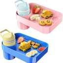 [Pink+Blue] Car Seat Snack Tray for Toddlers - 3 Inch Cup Holder Fits Most Sippy Cups & Straw Bottles with Dip Well, Mess-Free Square Kids Travel Tray Road Trip Essentials, Blue & Pink
