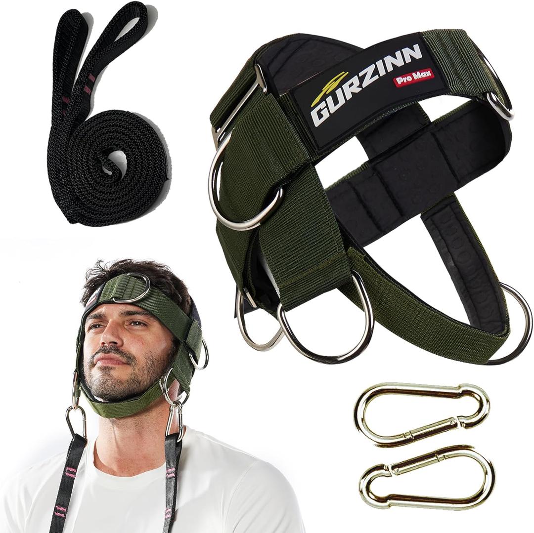 GurZinn Neck Harness Trainer - Adjustable 40" (100cm) Heavy Duty Rope & Neoprene Padding | Improve Neck Strength & Reduce Neck Pain | Gym & Home Use (one size, Green)