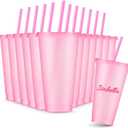 Amyhill 12 Pcs Reusable Glitter Cups with Lids and Straws 24 oz Plastic Tumbler Iced Coffee Cup Travel Mug for Smoothie Juice Sleepover Wedding Graduation Party Supplies Girl(Light Pink)