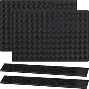 4 Pcs Thick Rubber Bar Mats for Bartending, Durable Non-Slip Spill Mat for Countertop, Home Kitchen, Coffee Bars, and Restaurants Accessories, Black(18" X 12"+24" X 3")