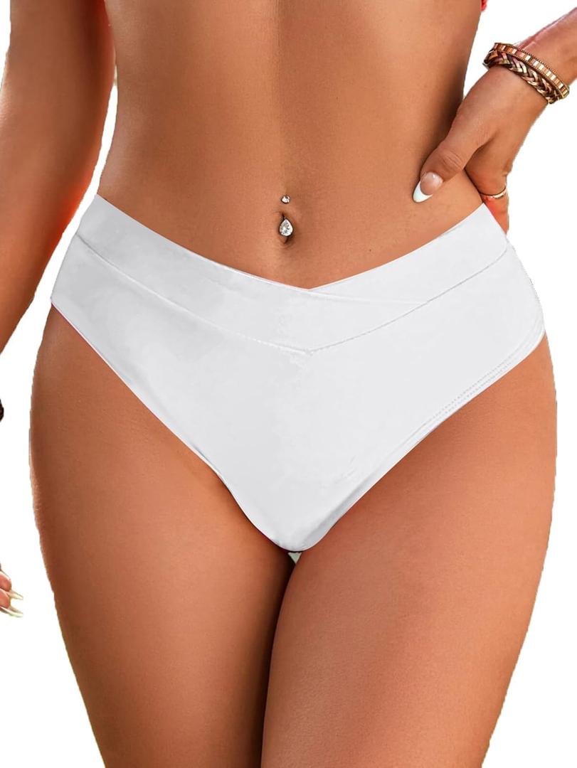 Fanuerg Women's Bikini Bottom Cross V Cut Front Swimsuit Full Coverage Bathing Suit Bottoms (Large, White)