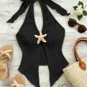 BEAUDRM Women's Y2k Textured Halter Going Out Top Starfish Deco Tie Backless Sleeveless Vest Tank Tops Party Clubwear Black Small