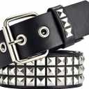 Black Studded Belt Punk Rock Rivet Belt Grommet Threads belts with Bright Metal Pyramid for Women Men (35-40 Inch)