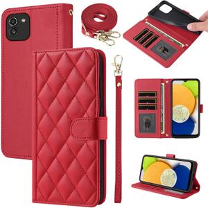 Wallet Case for Samsung Galaxy A03 with Wrist Strap, Shoulder Strap, Multiple Card Slots Folio Purse, Luxury PU Leather Stand Accessories Cell Phone Cover for A 03 03A Ao3 Women Men Red
