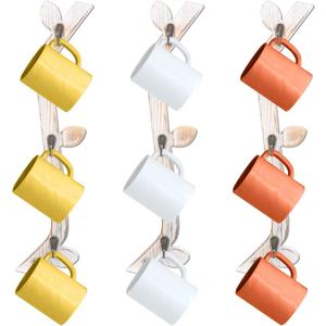 3 Pack Wood Coffee Mug Wall Rack with 9 Hooks Wall Mount Coffee Cup Holder White Espresso Cup Display Stand Tea Cup Hanger Display Wall for Kitchen Cafe Bar