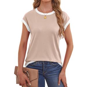 LilyCoco Ringer Tee Women Summer Short Sleeve Crew Neck Casual Basic T Shirts Beige Small