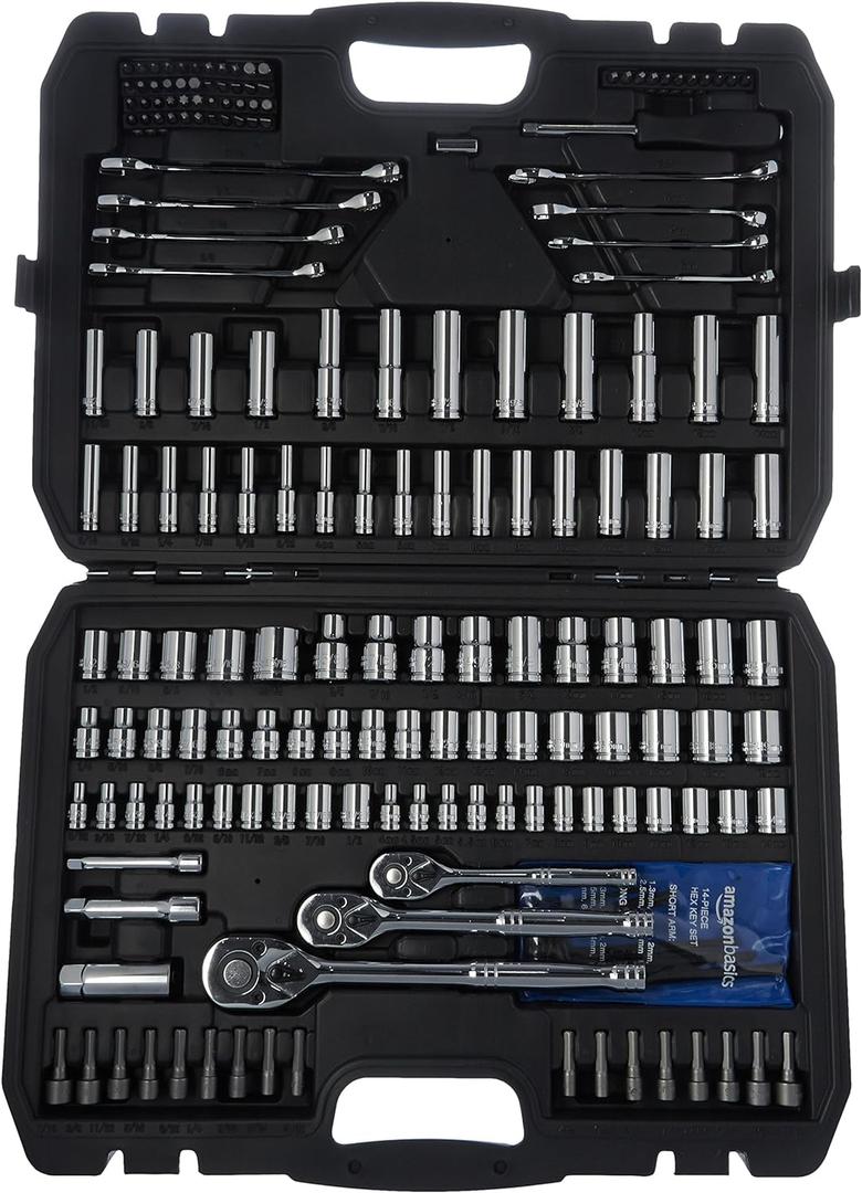 Amazon Basics 201-Piece Mechanic's Socket Tool Set With Case, SAE and Metric Sizes, Chrome-Vanadium Steel, Portable