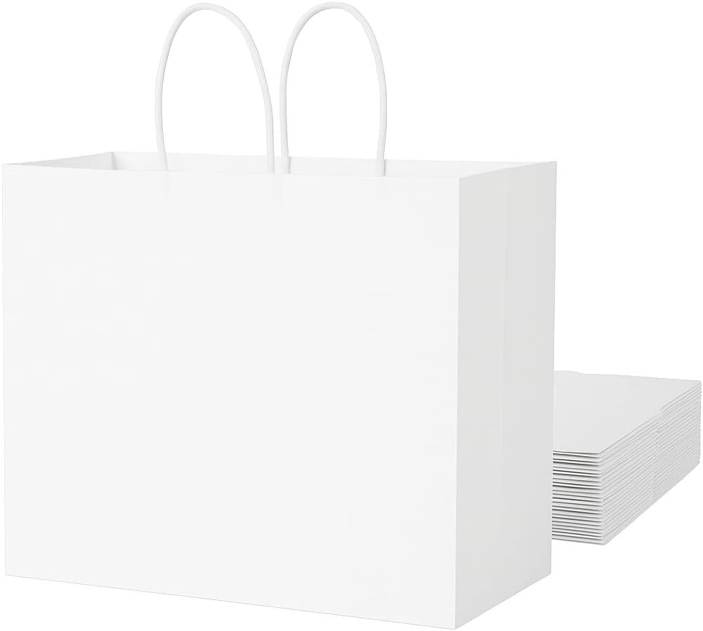SUNCOLOR White Gift Bags with Handles, Large 13x10x5.5 Inch, 25 Pack, for Birthday, Wedding, Retail, Shopping