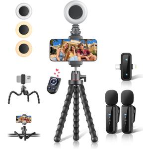 Vlogging Kit for iPhone/Android, 9" Flexible Tripod for iPhone with Light, Wireless Remote & Microphone, Adjustable Content Creator YouTube Starter Kit for TikTok/Recording/Live Streaming