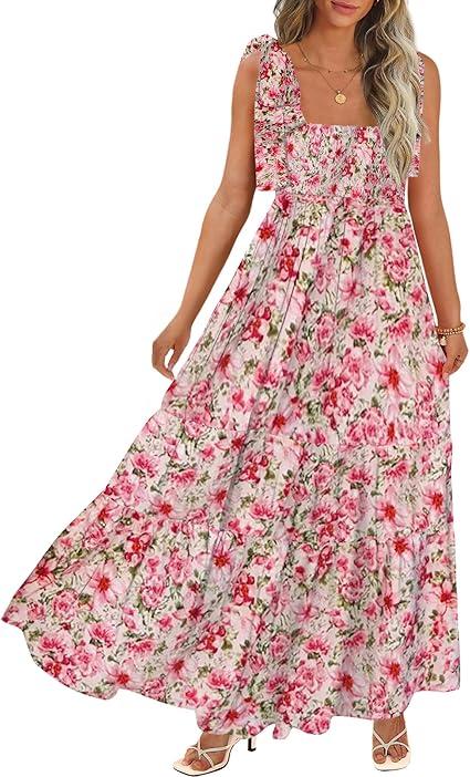Women's Summer Maxi Dress Boho Spaghetti Straps Casual Long A-line Smocked Beach Dress Square Neck Flowy Sun Dress (Large, Z-floral)