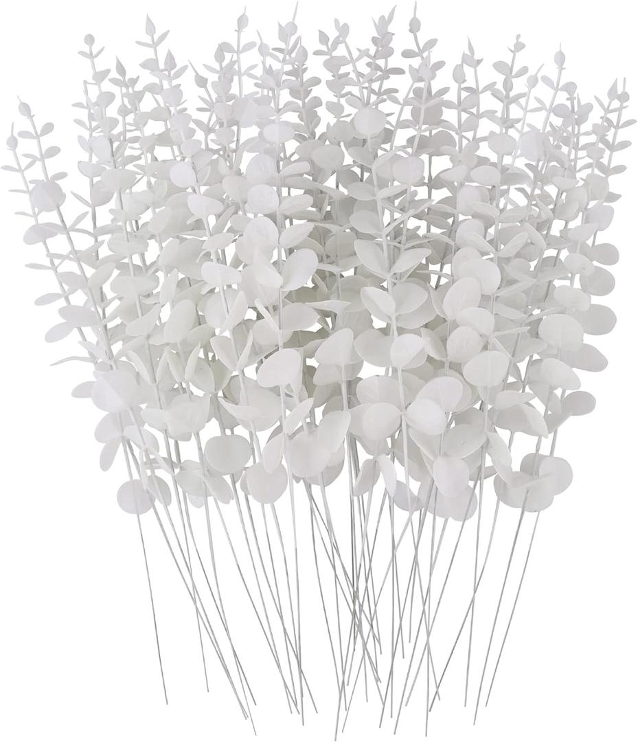 FEQO 36 Pcs White Eucalyptus Stems Artificial Leaves Faux Eucalyptus Stems Branches 15 inch for Wedding Bouquet Home Decor
