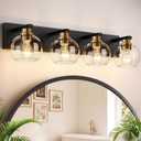 Bathroom Light Fixtures, 4-Light 29 Inch Black and Gold Bathroom Vanity Light, Modern Wall Sconces with Clear Glass Globe Shades, Vanity Lighting Fixtures Over Mirror, E26 Socket (Bulbs Not Included)