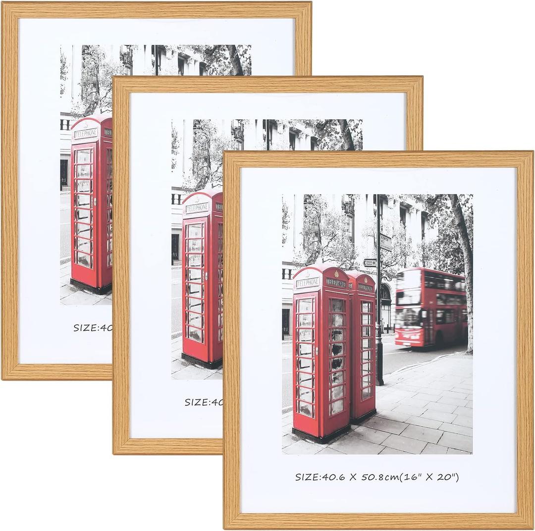 16x20 Frames Set of 3, 16x20 Picture Frames for Wall, Wooden Poster Frames with Plexiglass for Prints, Poster, and Art (Natural Wood)