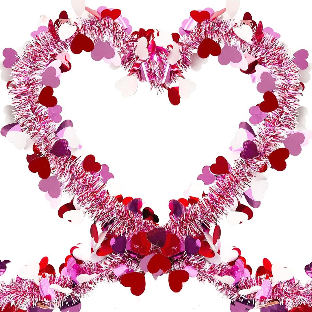 50 FT Valentines Day Heart Tinsel Garland, Red Pink White Metallic, Shiny Foil Heart Hanging Garland Streamer for Home Indoor Outdoor Decor