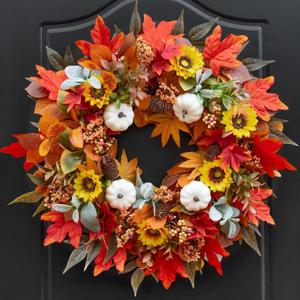 Fall Wreaths for Front Door Outside 24 Inch Autumn Wreath with Red Maple Leaves, White Pumpkins,Yellow Wildflowers, Pinecones&BerriesThanksgiving Farmhouse Door Decor for Indoor Outdoor Use