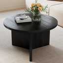 Luoxiao 27.5" Round Black Coffee Table, Modern Wood Grain Center Table with Triangle Pedestal Base, Low Profile Circular Accent Table for Living Room, Small Spaces & Apartments, Easy Assembly
