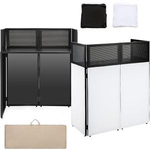 Portable DJ Booth Facade Stand | Foldable DJ Table with 38.5"x19" Surface & Cable Hole | Includes Black/White Scrims & Carry Bag for Events, Parties, Mobile DJs (DJ Station, Event Facade)