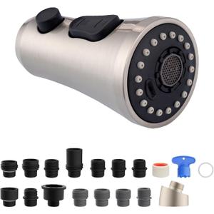 Hibbent Pull Down Kitchen Faucet Head Replacement, 3-Function NSF/ANSI/CAN 61 & CUPC Certified Sink Spray Nozzle, 15 Adapters, Compatible with Moen, Delta, Kohler Faucets, Brushed Nickel