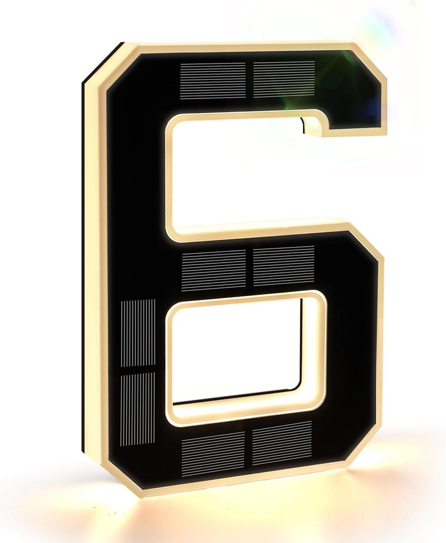 ISUNMEA 9 Inch Solar Lighted House Numbers for Outside, Light Up Waterproof LED Address Numbers Signs for Houses, Large Personalized Illuminated Exterior Modern House Numbers Light (6-Black, 9IN)