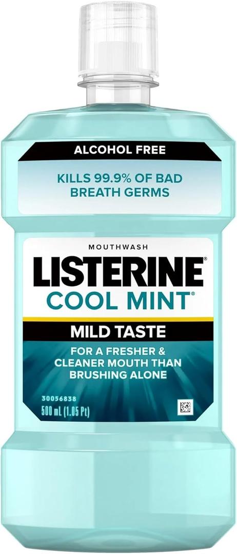 Listerine Cool Mint Alcohol-Free Mild Mouthwash, Oral Rinse Kills 99.9% of Germs That Cause Bad Breath, Less Intense Taste, Mild Mint Flavor, 1 L, Pack Of One