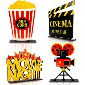 4 Pieces Movie Night Decorations Movie Theater Table Wooden Centerpieces Sign Hollywood Theme Party Decorations for Cinema Movie Time Birthday Party Favors Supplies