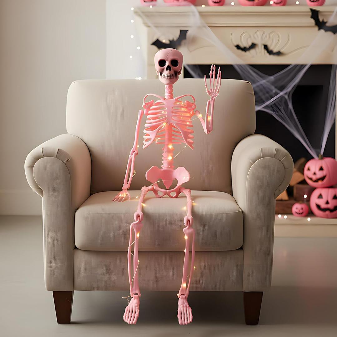 40 Skeleton Halloween Decorations LED Light up Pink Plastic Skeleton Full Body Posable Movable Jonints for Halloween Party Decoration Graveyard Haunted Home Props Indoor Outdoor Decor