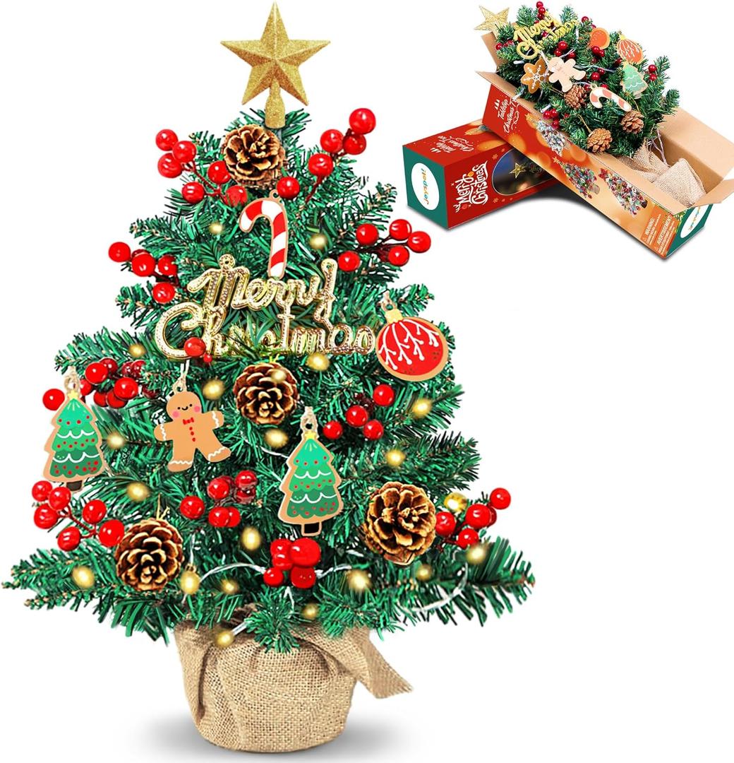 2FT Tabletop Mini Christmas Tree, 24 Inch Small Artificial Christmas Tree with Warm LED Lights, Star Treetop, DIY Ornaments, New Xmas Pine Tree Decoration for Kid Friend Family Holiday Home Office