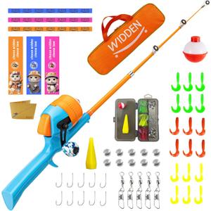 WIDDEN Kids Fishing Pole, Telescopic Fishing Rod, Toddler Collapsible Fishing Rod and Reel Combo with Tackle Box, Fishing Line, Bobber, and Soft Lures for Boy, Girl, Youth, Beginner, Over 4 Years Old (orange)