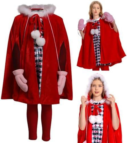 Seaehey Cindy Lou Who Costume Kids Cosplay Cloak Dress Pants Gloves Cape Toddler Outfit Cindy Lou Halloween Costume for Girls. Size 110
