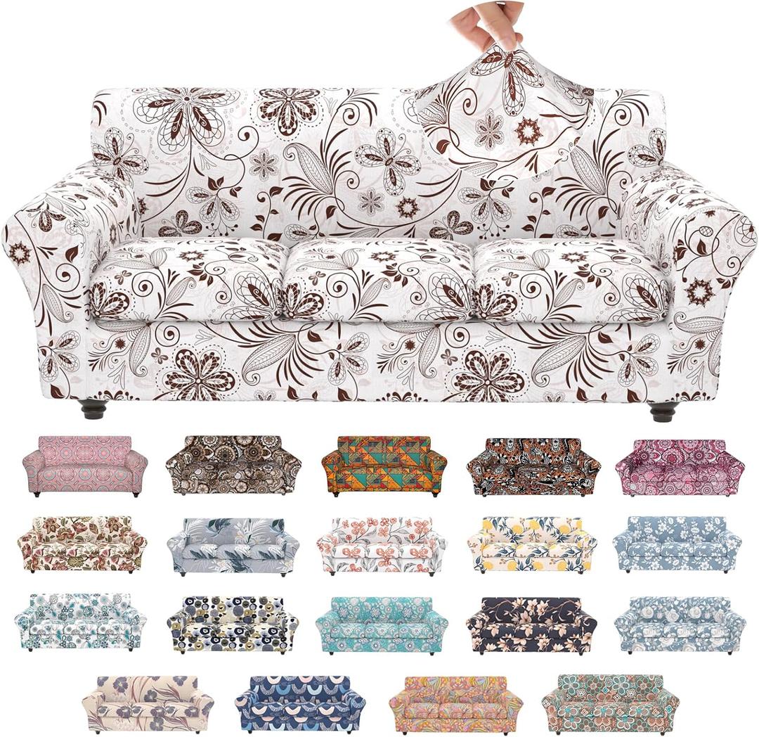 Stretch Couch Covers for 3 Separate Cushion Couch Sofa,Floral Printed Couch Sofa Cover,Washable Sofa Slipcover,Pet Friendly Furniture Protector with Elastic Bottom,Universal Fit for Home(Sofa,Cover)