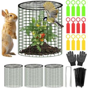 Plant Protector from Animals with Detachable Covers - 4 Pack 16x 16" Wire Cage Cloches with Ground Stakes and Tools for Protecting Vegetable, Flower, Seedling