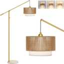 UpgradedArc Floor Lamp for Living Room, Boho Dimmable Swing Arm Floor Lamp with Rattan & Fabric Shades, Gold Rattan Standing Lamp with Marble Base, Farmhouse Adjustable Tall Lamp for Bedroom Office