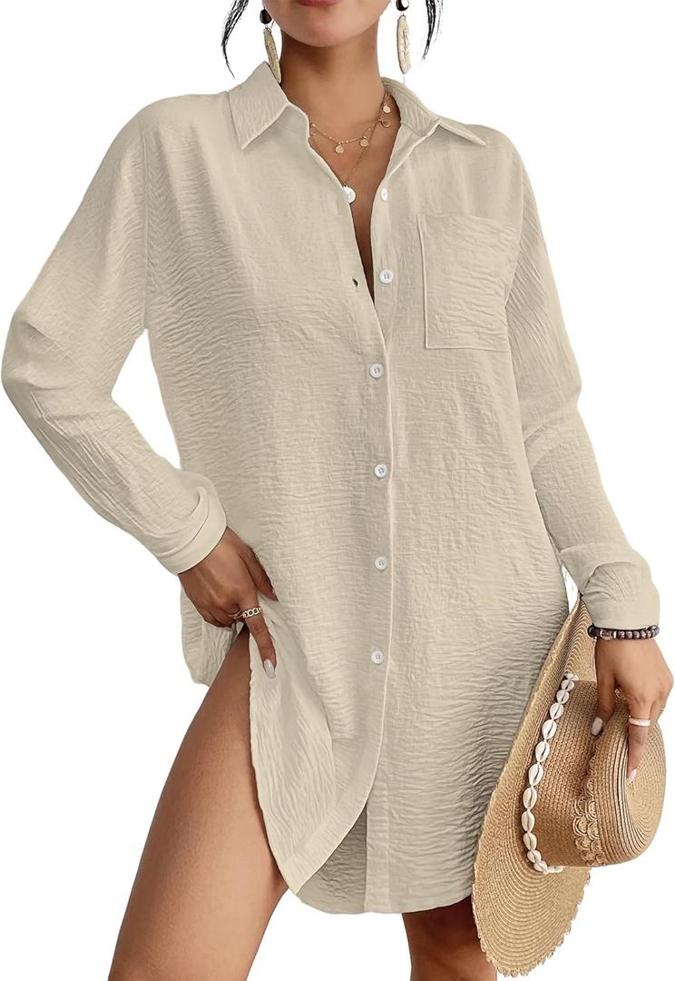Bsubseach Swimsuit Coverup for Women Button Down Beach Cover Ups Long Sleeve Shirt Dress Modern Blouse Top (Beige, M)