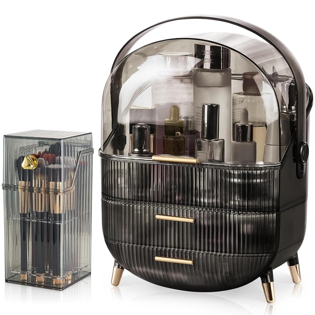 CANITORON Makeup Organizer,Large Capacity Skincare Organizer for Vanity,Cosmetic Organizer with 2 Drawers and Makeup Brush Holder for Bedroom Countertop and Bathroom Countertop Storage.(Gray) (Large + Brush Holder, Clear Gray)