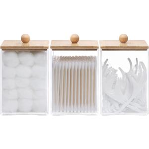 Tbestmax 3 Pack Square Qtip Holder - 12 oz Bathroom Organizers and Storage Containers, Plastic Apothecary Jars with Bamboo Lids for Cotton Ball, Cotton Swab, Floss