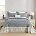 DDUOXIN Lightweight King Bedspread 120"x120" - 100% Cotton Reversible Oversized King Quilt with 2 Pillow Shams, Farmhouse Botanical Bedspreads Coverlet Set, Grayish-Blue/Beige, 3 Piece
