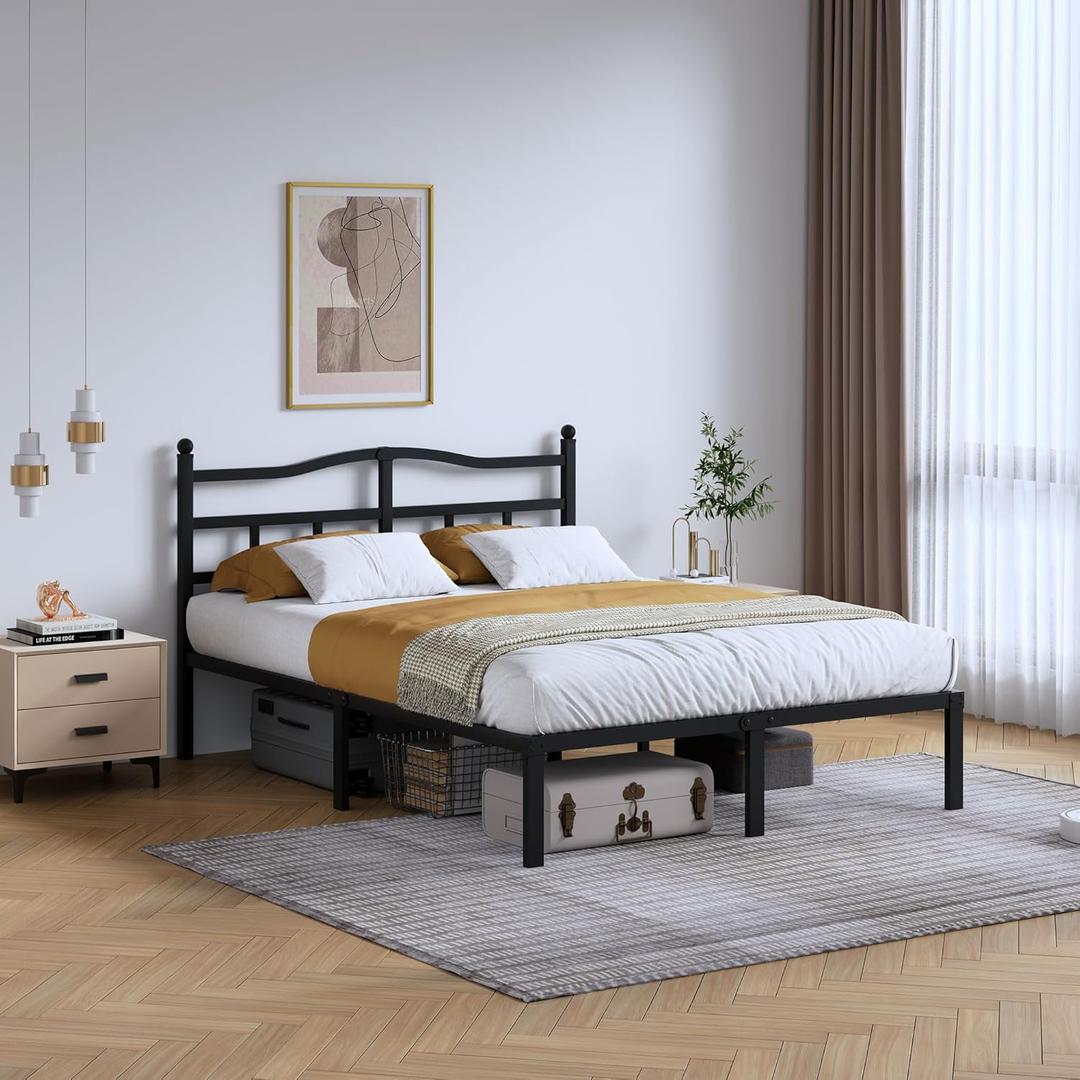 14 Inch Metal Bed Frame - Queen Size Heavy Duty Bedframe with Headboard Black Basic Steel Slats Platform No Box Spring Needed/Easy Assembly/Noise Free