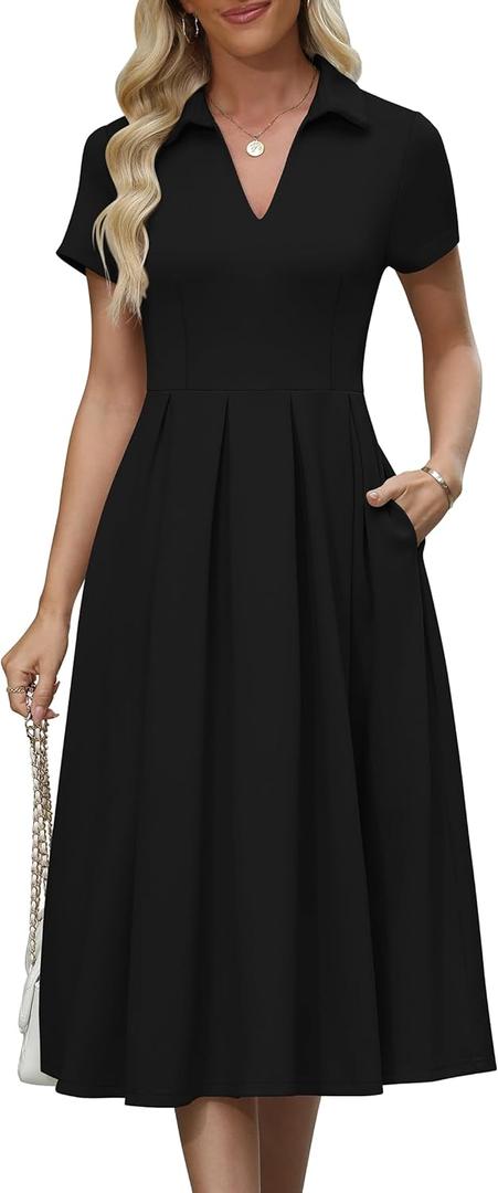 Womens Summer Collared V Neck Midi Dress Business Casual Semi Formal Short Sleeve Wedding Guest Party Dresses Pleated Elegant Classy A-line Cocktail Long Dress for Women Trendy 2025 Black L