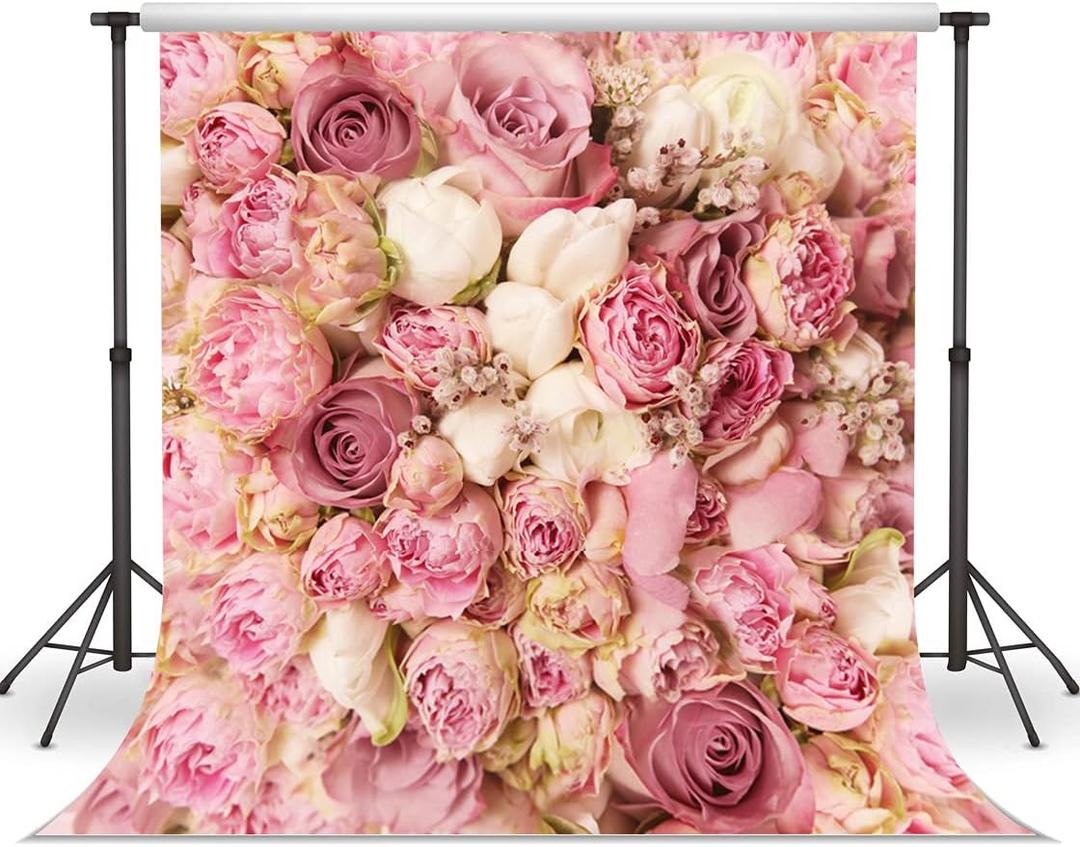 WOLADA Flower Wall Backdrop Pink Floral Photography Backdrop Romantic Roses Background Ideal for Wedding Bridal Shower Valentine's Day Portrait Photo Shoots Feminine Studio Props 10x10FT 9604