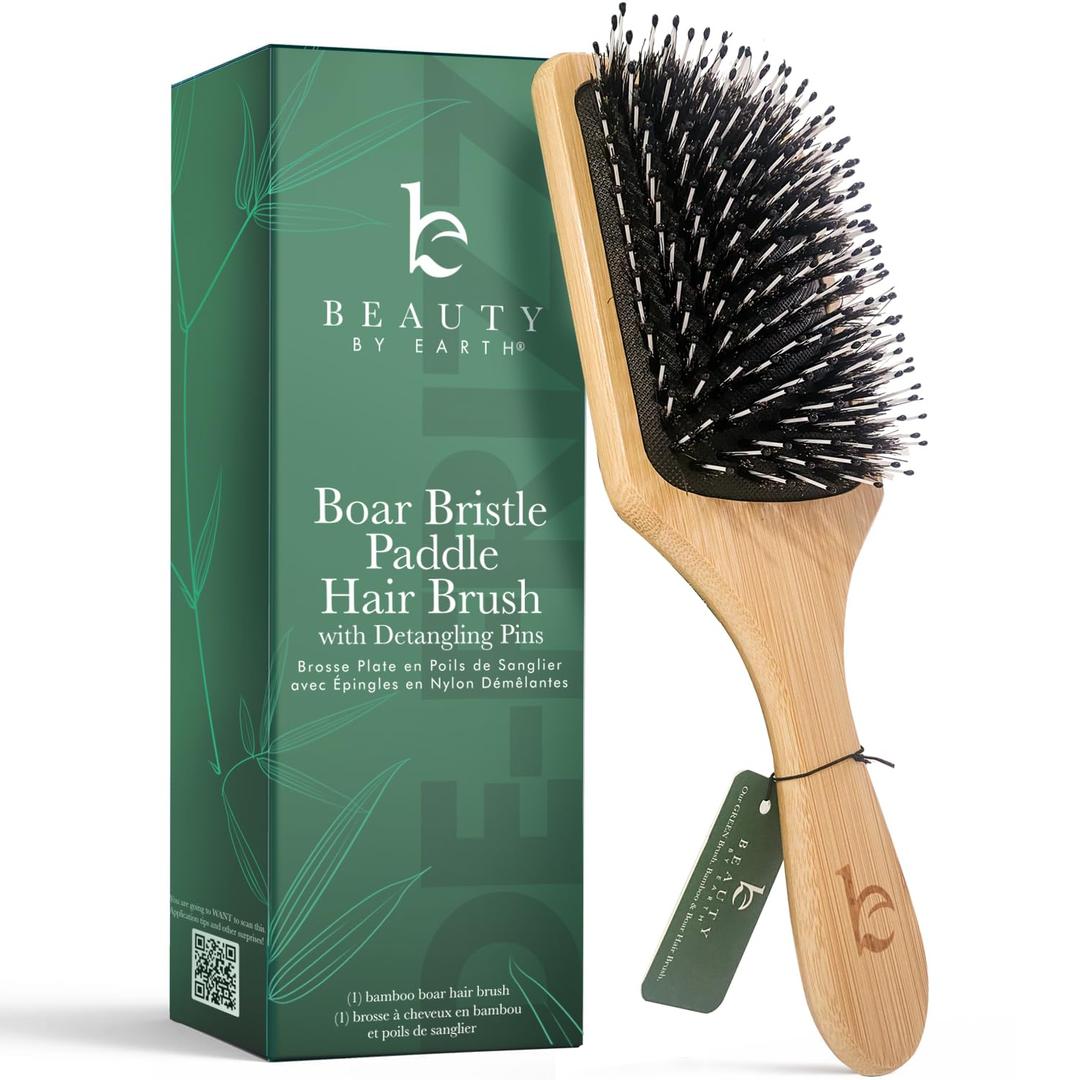 Boar Bristle Paddle Hair Brush - Smoothing Wood Brush for Thick, Curly & Wavy Hair, Detangling Natural Bristles for Women, Stimulates Scalp (Pack of 1)