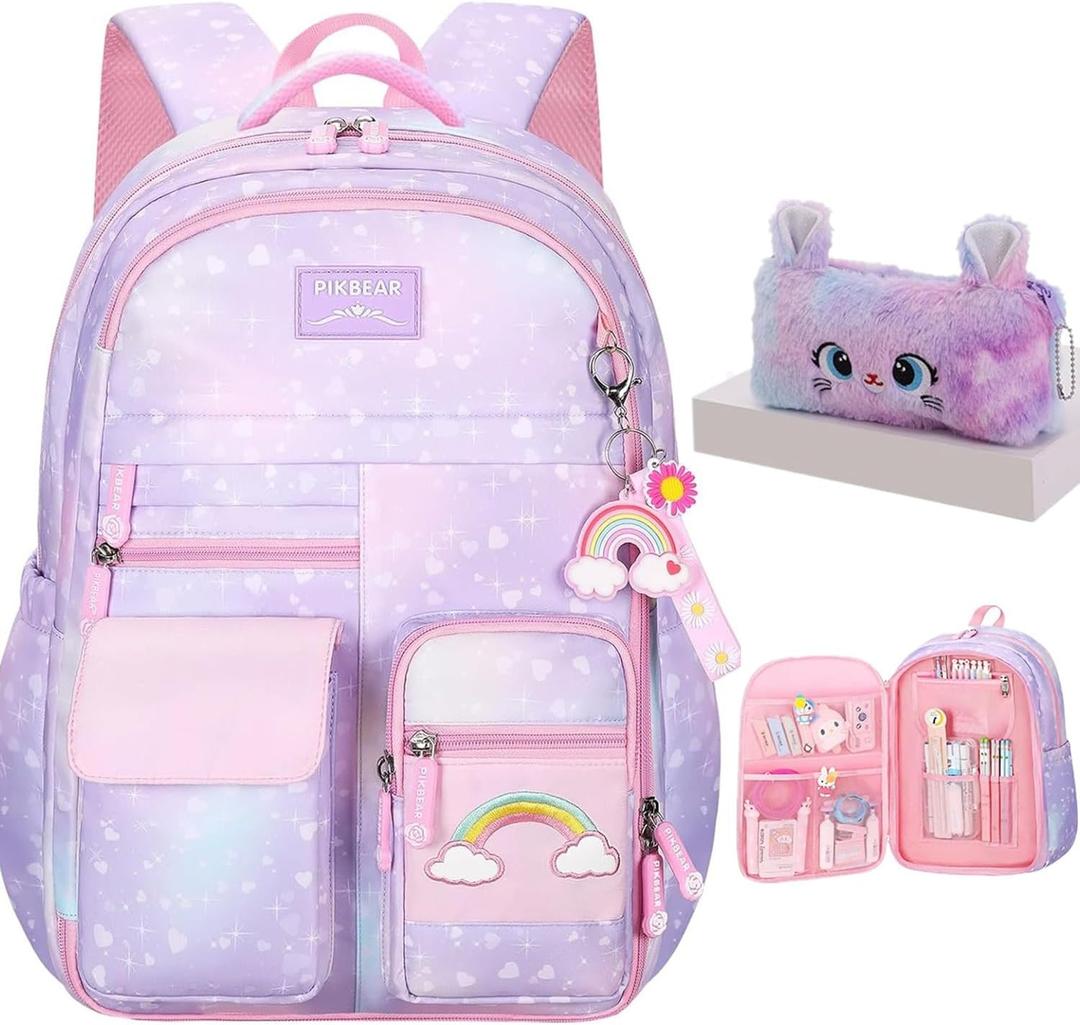 Girls Backpack, School Backpacks Rainbow,Kawaii Kids Backpack,Book Bag for Elementary Primary School With Pen Bag (Purple)