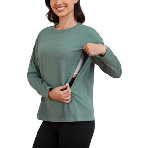 Ecavus Womens Zip Maternity Nursing Tops for Breastfeeding Long Sleeves Casual Nursing Shirts Pregnancy Mama Clothes (Medium, Heather Green)